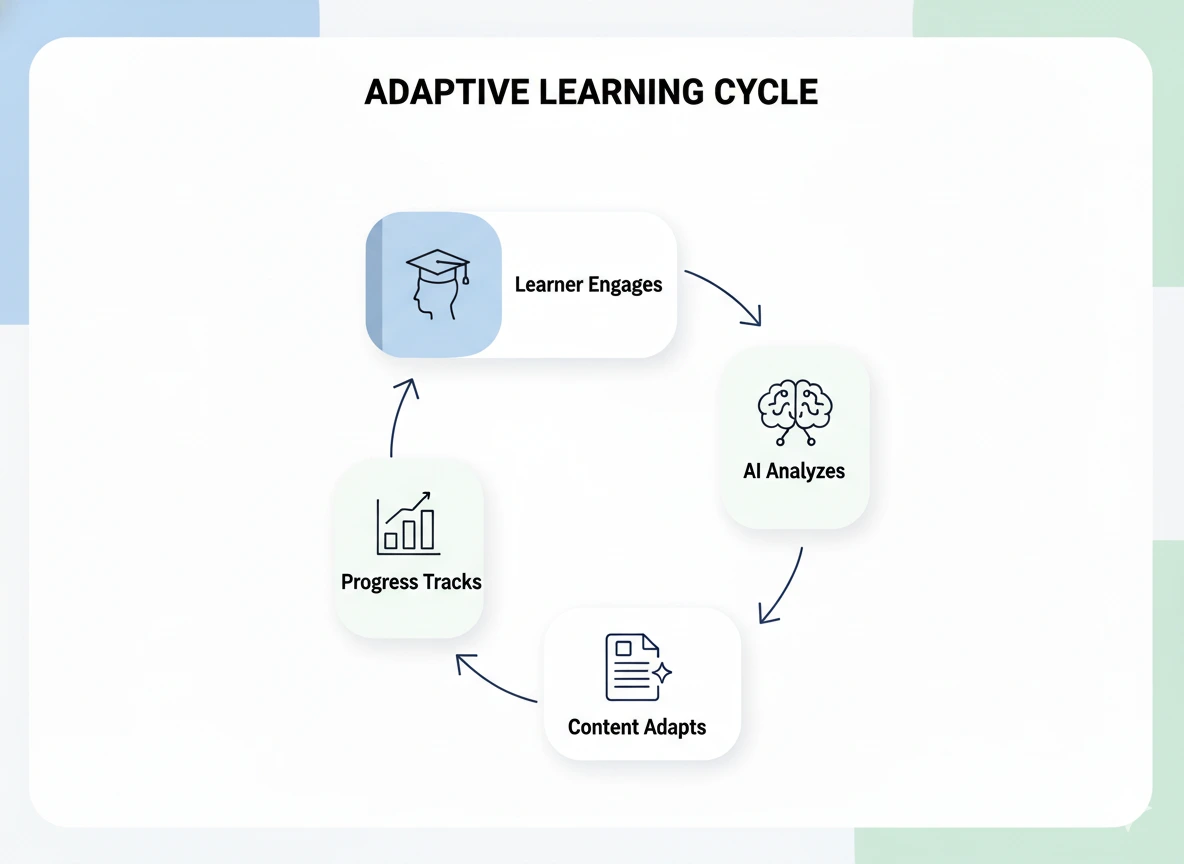 Adaptive learning cycle — Learner Engages, AI Analyzes, Content Adapts, Progress Tracks