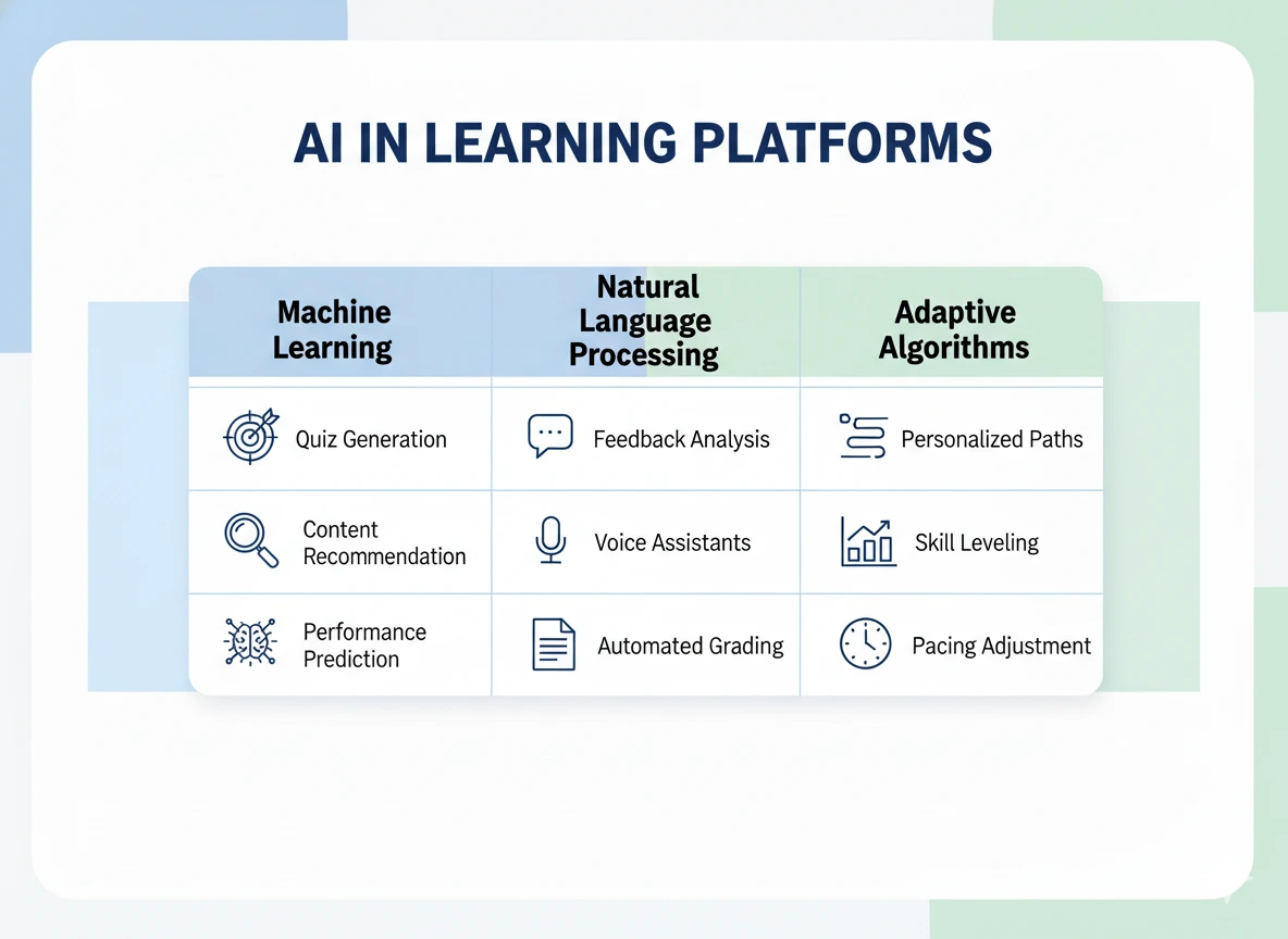 AI technologies powering modern learning platforms — Machine Learning, NLP, and Adaptive Algorithms